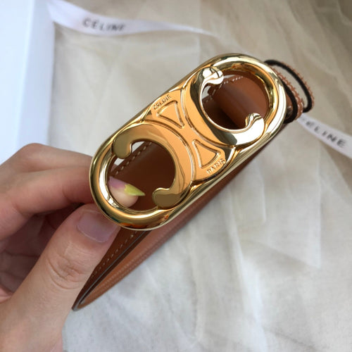 CELINE 25S BELT 25MM IN DARK CARAMEL CALFSKIN GOLD HARDWARE 562437