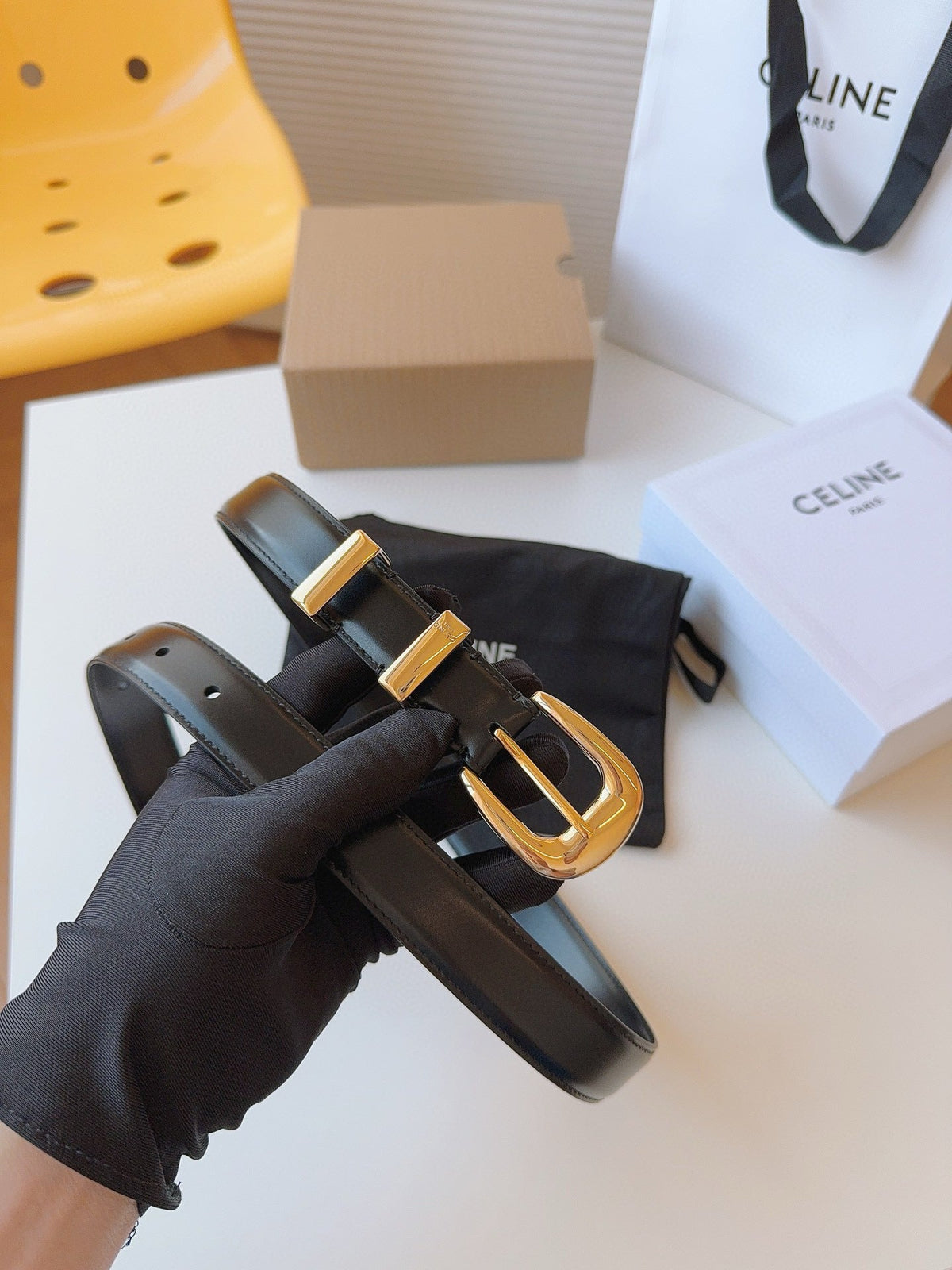 CELINE 25S SMALL 25MM WESTERN BELT IN BLACK CALFSKIN 566638