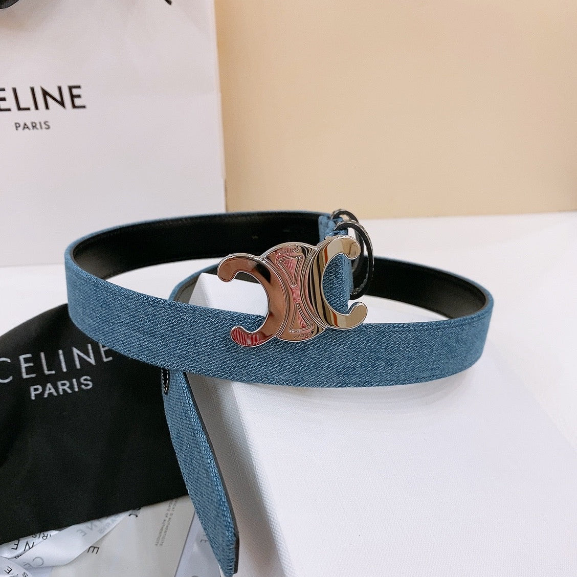 CELINE 25S BELT TRIOMPHE TAURILLON 25MM IN BLACK CALFSKIN AND DENIM 558344