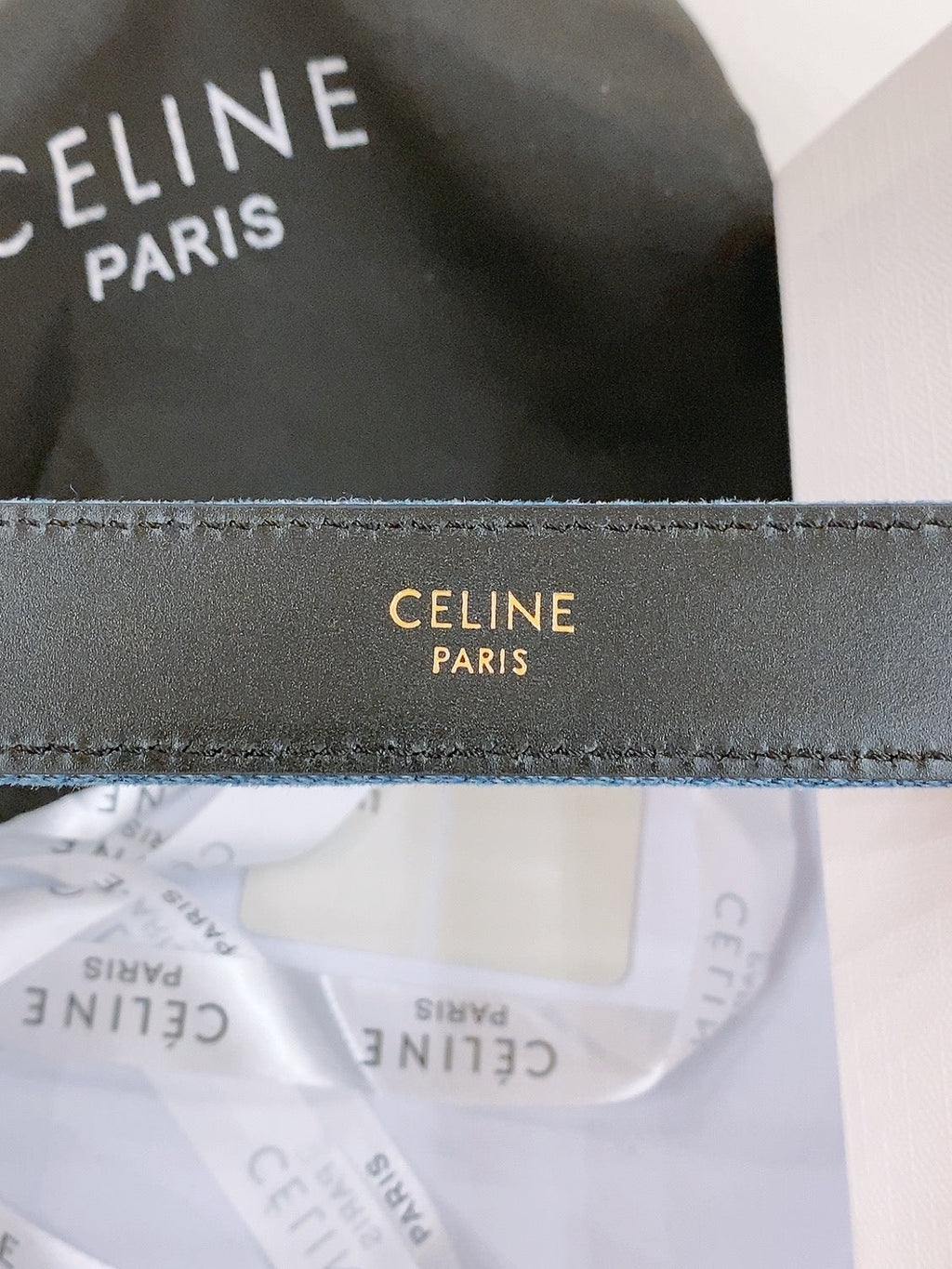 CELINE 25S BELT TRIOMPHE TAURILLON 25MM IN BLACK CALFSKIN AND DENIM 558345