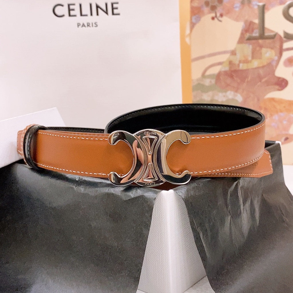 CELINE 25S BELT 25MM REVERSIBLE TRIOMPHE IN BLACK BROWN CALFSKIN 565539